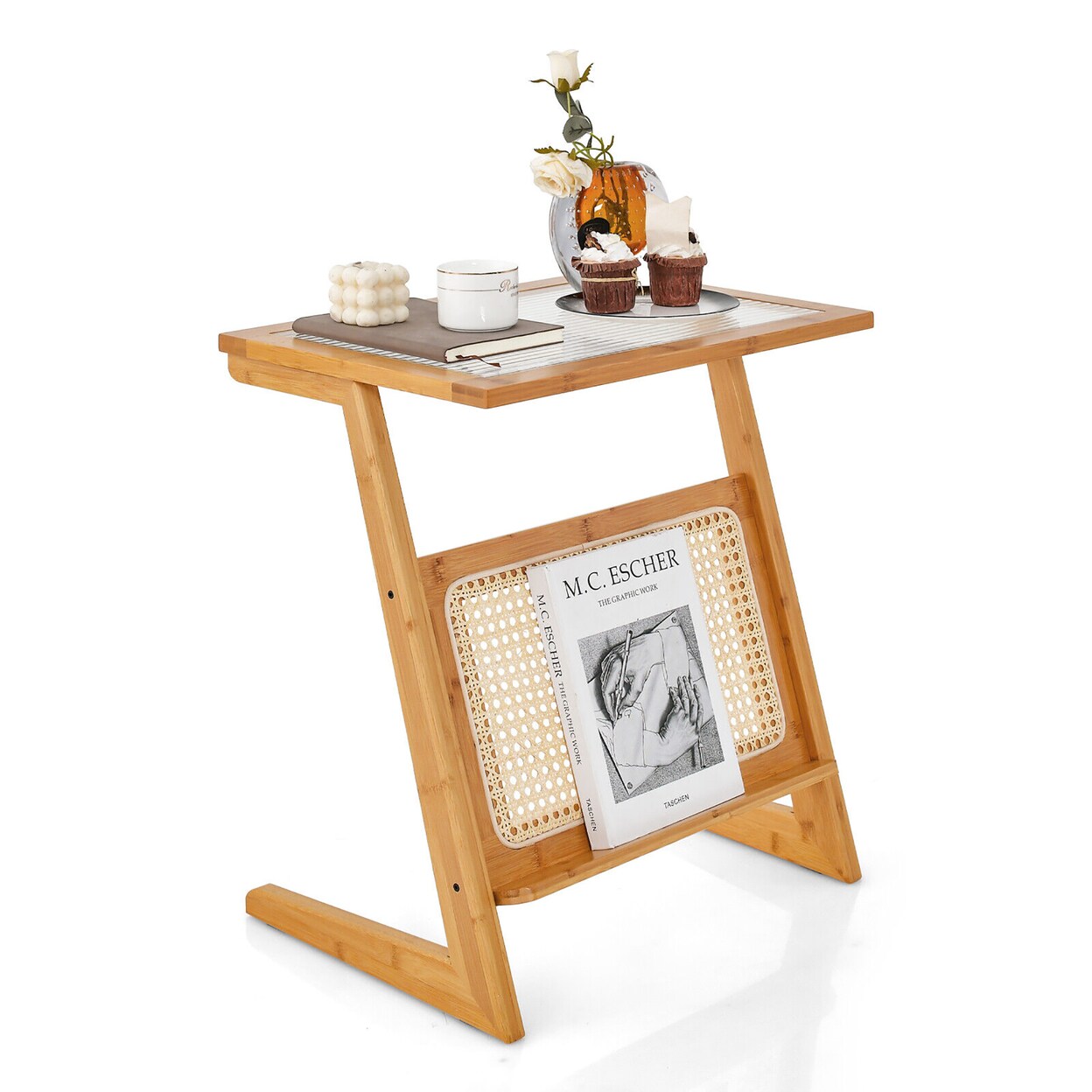 Z-Shaped End Table Glass Top Bamboo Side Table W/ Magazine Rack And Rattan Shelf