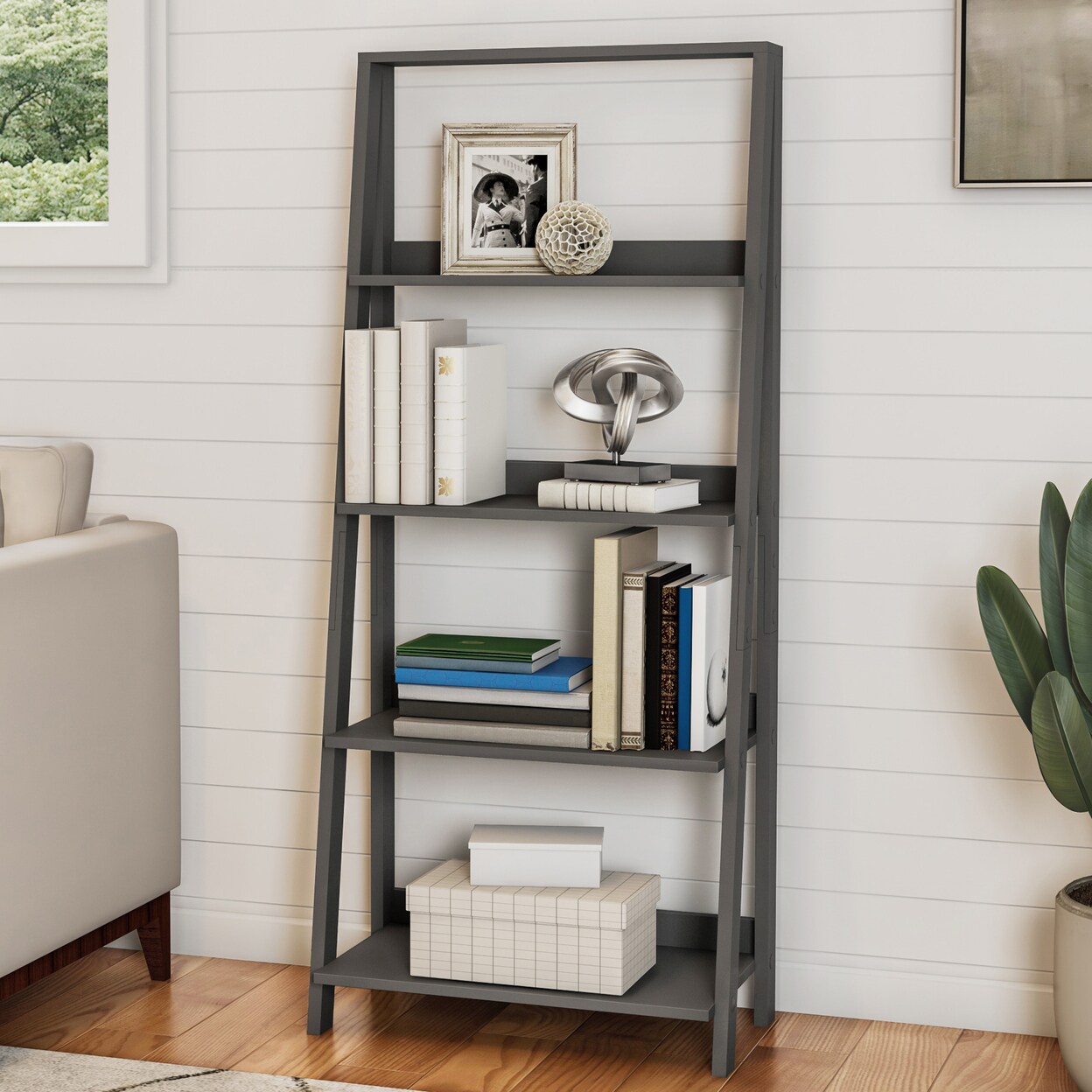 Gray 4 Tier Ladder Bookshelf Freestanding Wooden Bookcase 24 X 13 X 55In Mdf