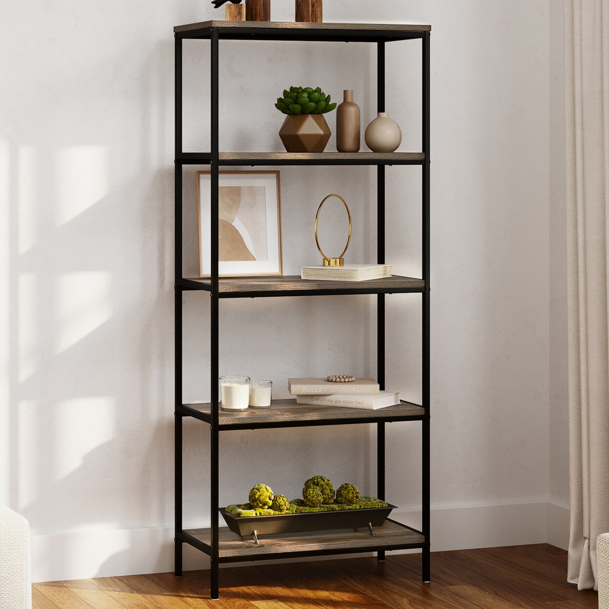 5-Tier Bookshelf Gray Woodgrain Freestanding Wooden Shelving Unit Storage Display