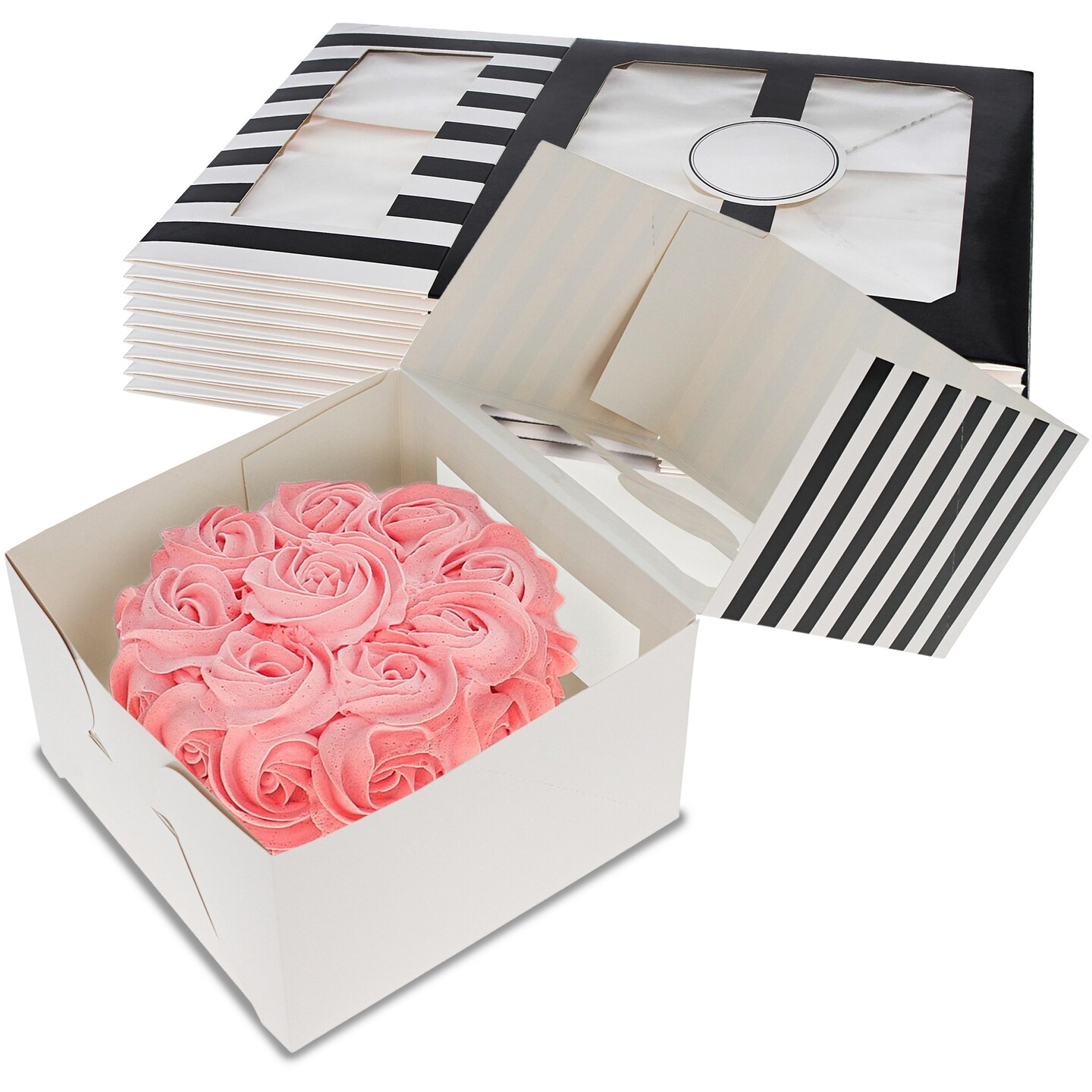 Spec101 Cake Box 10pk - Striped Black or Pink Cake Boxes for Bakery Pastries