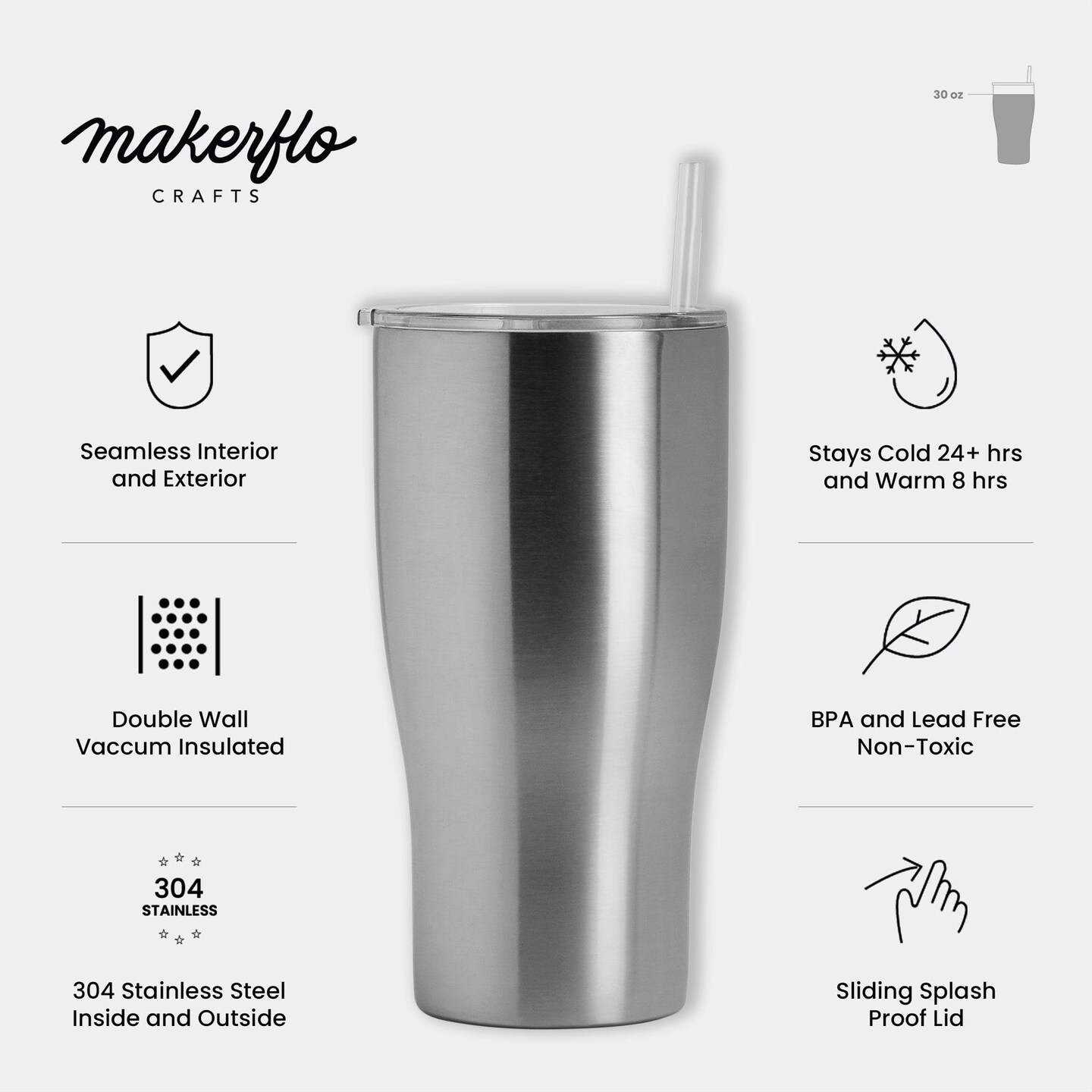 Makerflo 30 oz Curve Stainless Steel Destash Tumbler Pack of 25 with Lid & Straw | Craft-Ready for DIY Gifts & Personalization (Epoxy, UV DTF, Vinyl, and Laser Engraving) - Not for Sublimation