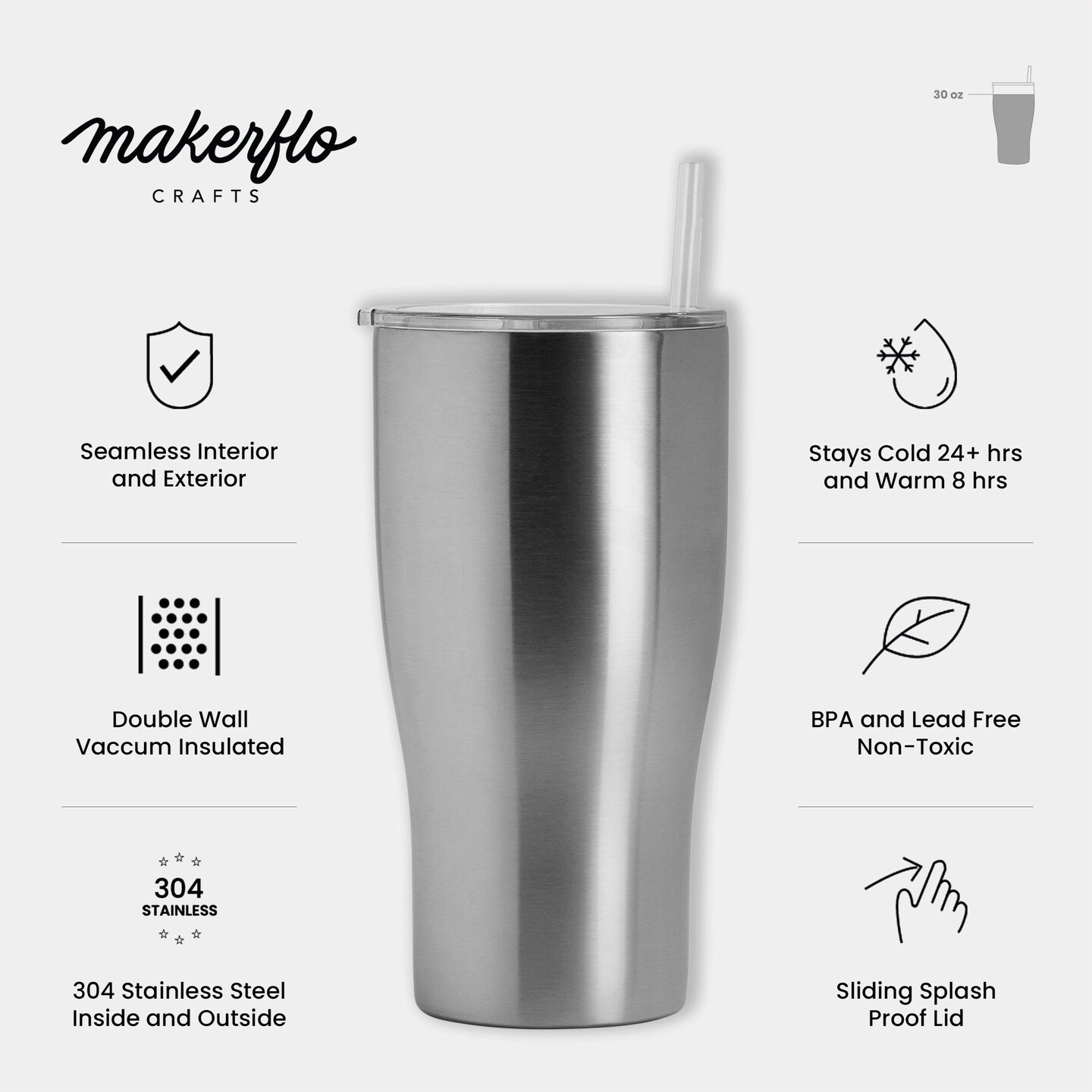 Makerflo 30 oz Curve Stainless Steel Destash Tumbler Pack of 25 with Lid &#x26; Straw | Craft-Ready for DIY Gifts &#x26; Personalization (Epoxy, UV DTF, Vinyl, and Laser Engraving) - Not for Sublimation