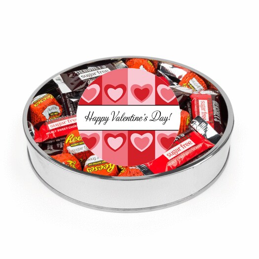 Valentine&#x27;s Day Sugar Free Candy Gift Tin Large Plastic Tin with Sticker and Hershey&#x27;s Chocolate &#x26; Reese&#x27;s Mix - Red &#x26; Pink Hearts