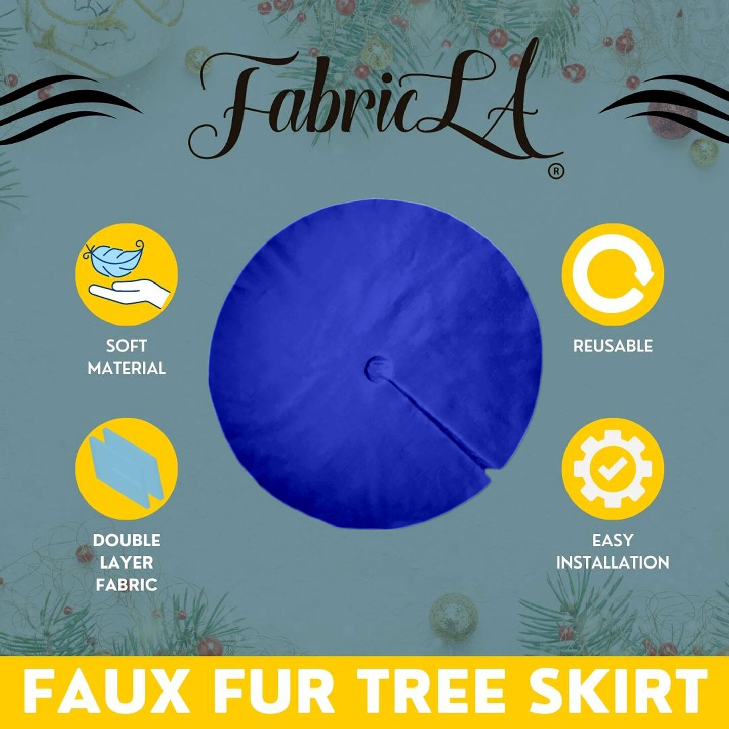 FabricLA | 40&#x22; Royal Blue Faux Fur Christmas Tree Skirt - Fluffy Plush Tree Skirt (101cm) for Holiday Decorations