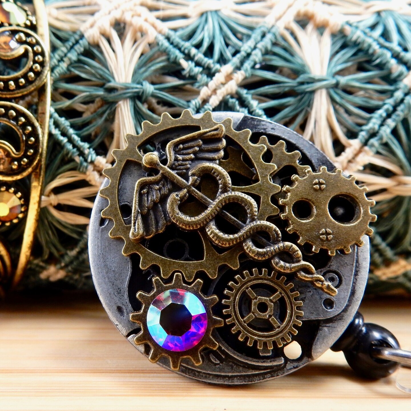 Badge Reel with Crystal, Steampunk Caduceus Nurse Badge Holder