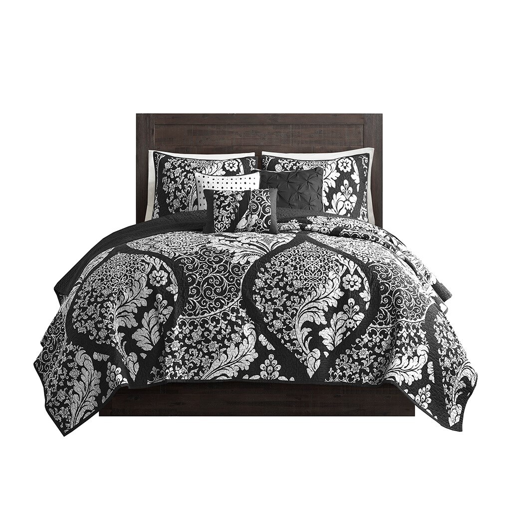 Gracie Mills   Muriel 6 Piece Damask Printed Cotton Quilt Set with Throw Pillows - GRACE-10690