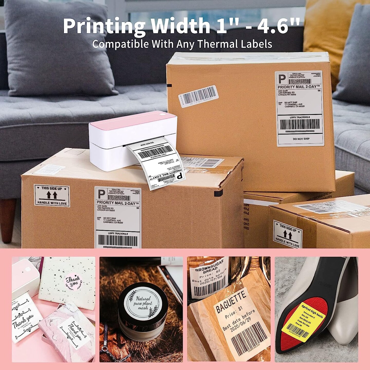 ASprink&#xAE; - Bluetooth Thermal Label Printer | 241BT - Pink Small Business &#x26; Packages Purposes