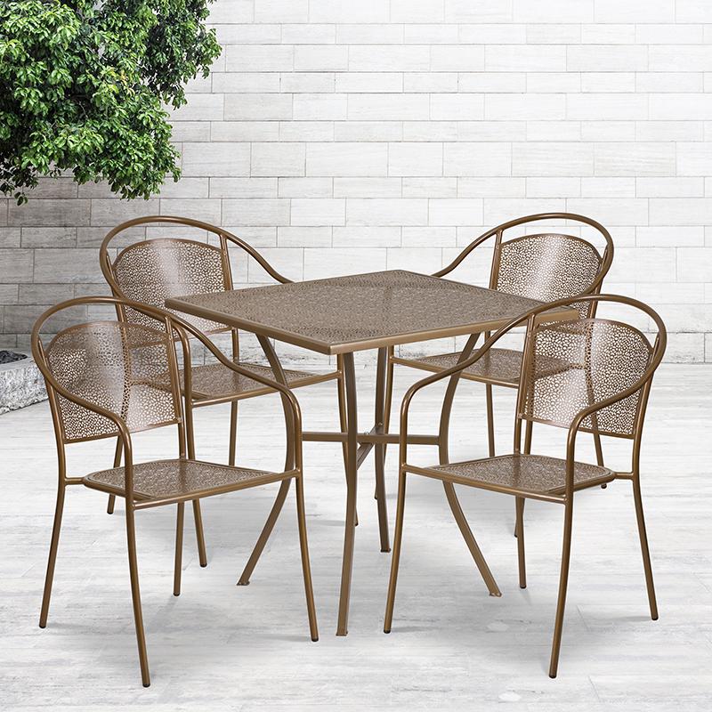 Commercial Grade 28&#x22; Square Gold Indoor-Outdoor Steel Patio Table Set with 4 Round Back Chairs