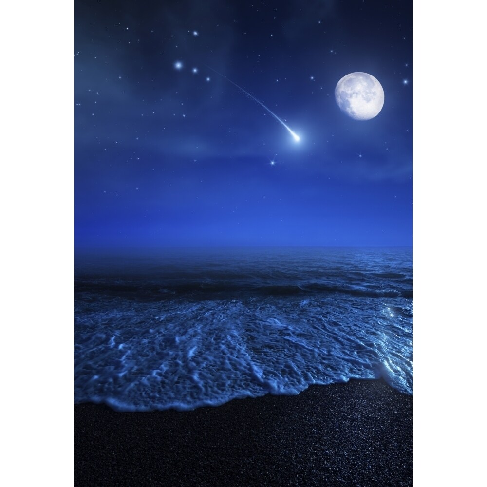 Posterazzi Tranquil ocean at night against starry sky  moon and falling meteorite Poster Print