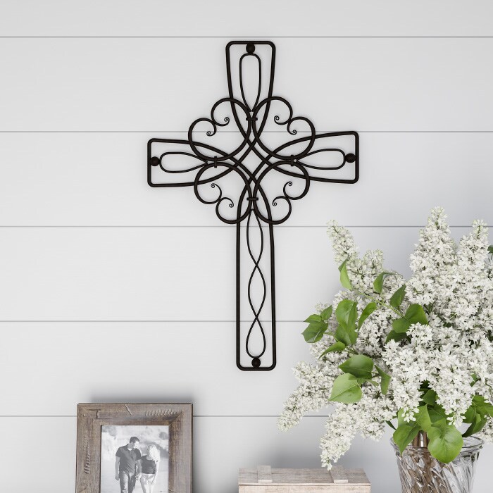 Lavish Home Metal Wall Cross with Decorative Floral Scroll Design- Rustic Handcrafted Religious Wall Art for Decor in Living Room