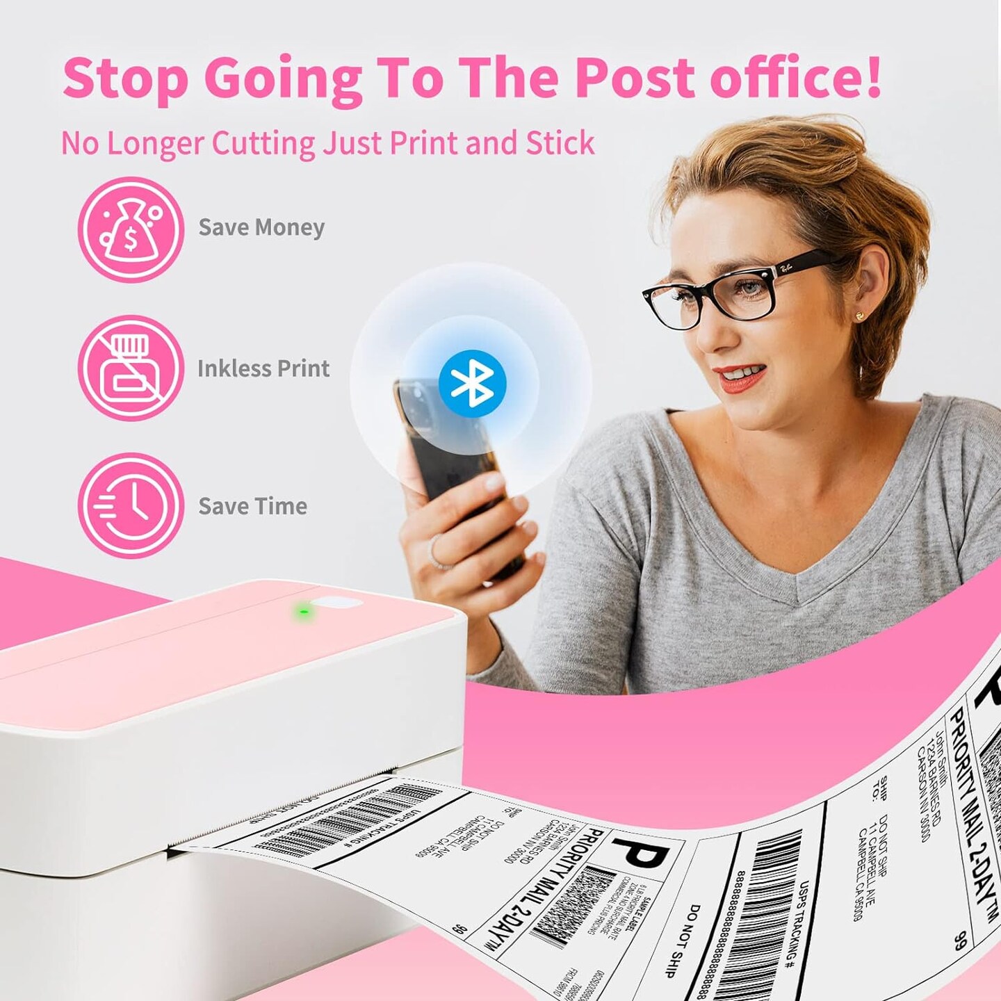ASprink® - Bluetooth Thermal Label Printer | 241BT - Pink Small Business & Packages Purposes