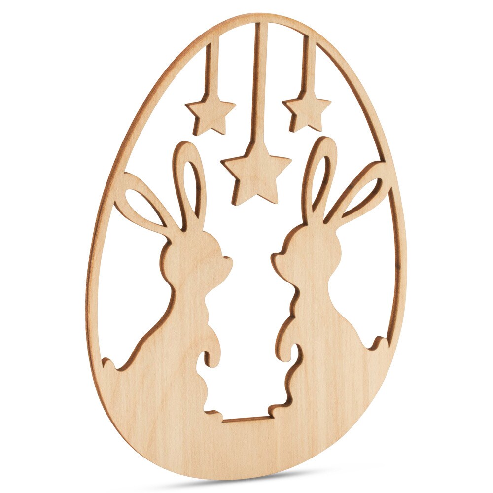 Wood Egg Cutout w/ Bunnies & Stars 3"-24”, 1/8" Thick |Woodpeckers