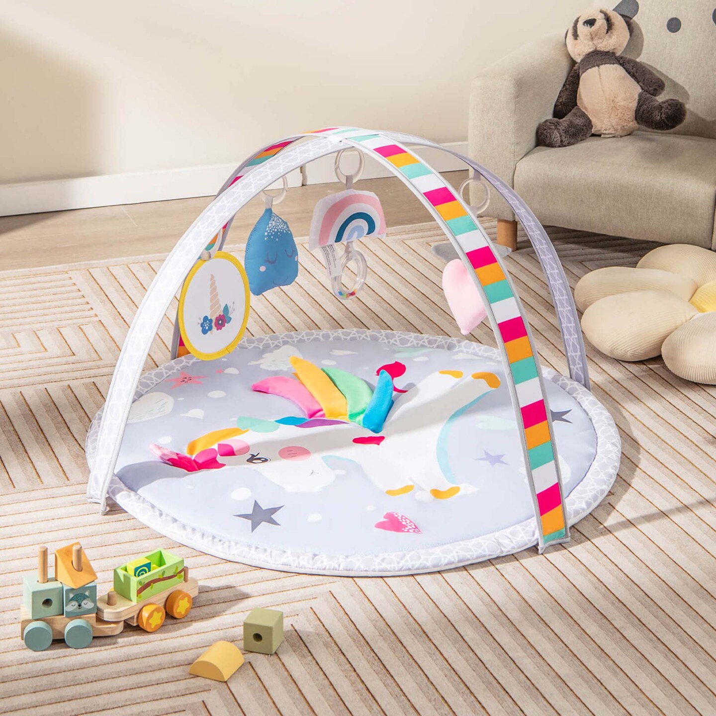 Costway Baby Play Gym Mat Thicker Tummy Time Mat with 5 Detachable Hanging