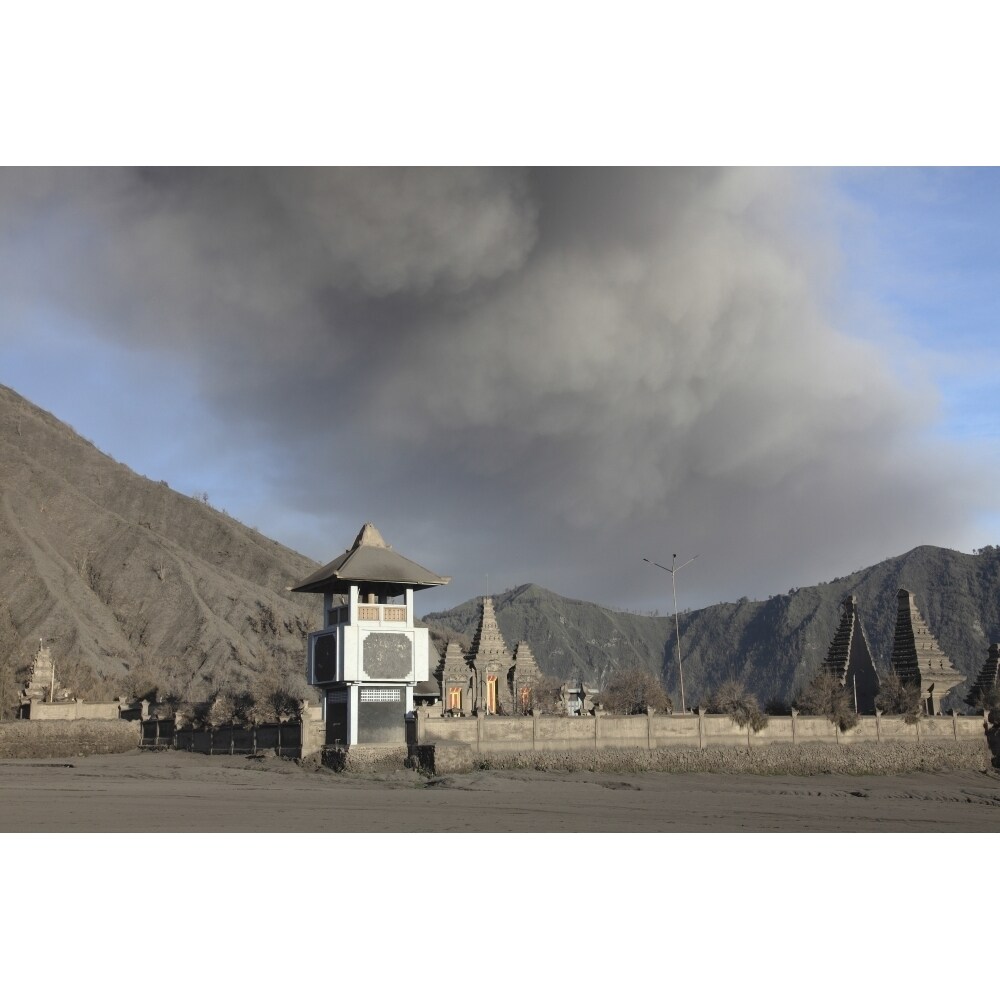 Posterazzi Ash cloud passing over temple at foot of Mount Bromo Volcano  Tengger Caldera  Java  Indonesia Poster Print