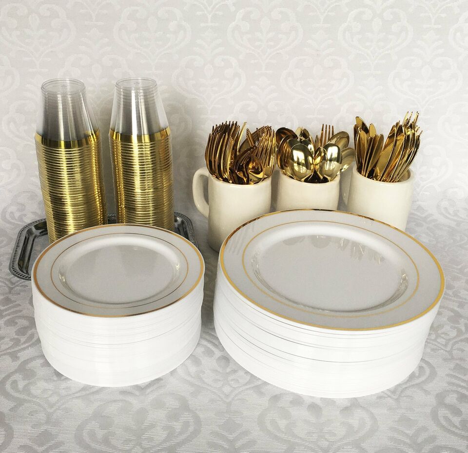 125 PC Heavy Duty Disposable Gold Plastic Plates &#x26; Silverware for Party