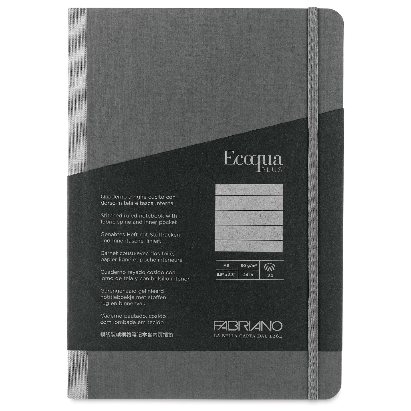 Fabriano Ecoqua Plus Fabric-Bound Notebook - Grey, 5-4/5&#x22; x 8-1/4&#x22;, Lined