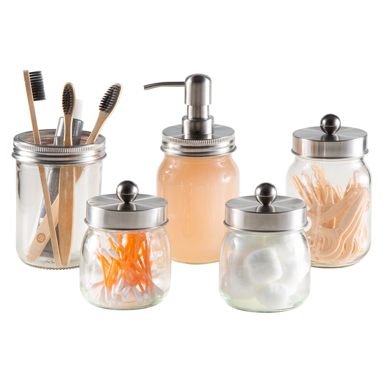 5 Piece Bathroom Accessory Set Glass Jars With Silver Tops Soap Toothpaste Holder
