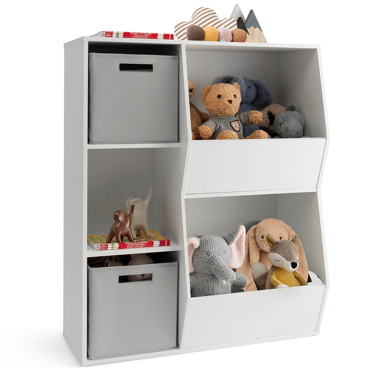 Kids Toy Storage Organizer 5 Cubbies Wooden Bookshelf Display Cabinet W/ Drawers