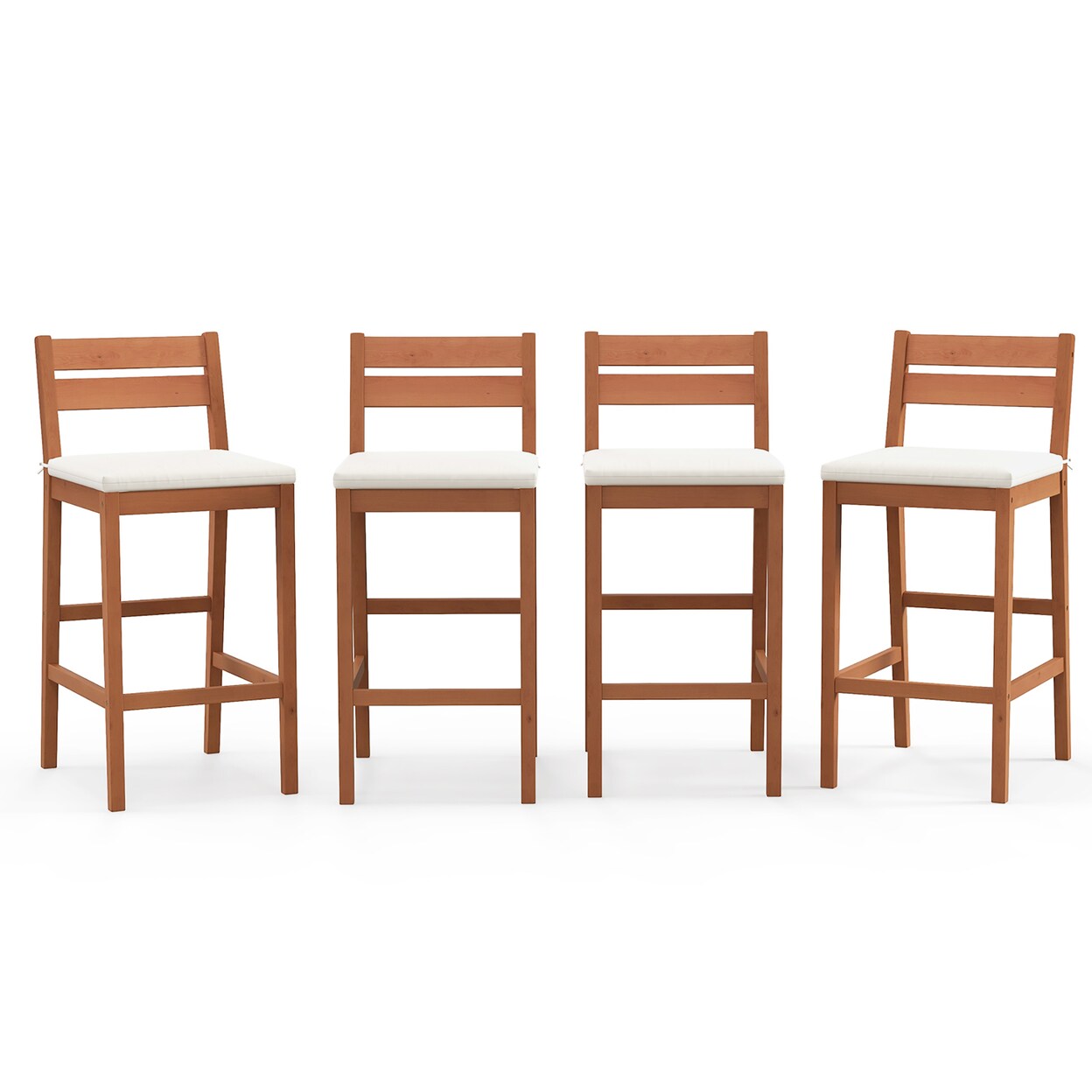 Gymax Patio Eucalyptus Wood Bar Stools Set of 4 Outdoor Bar Height Patio Chairs w/ Cushions