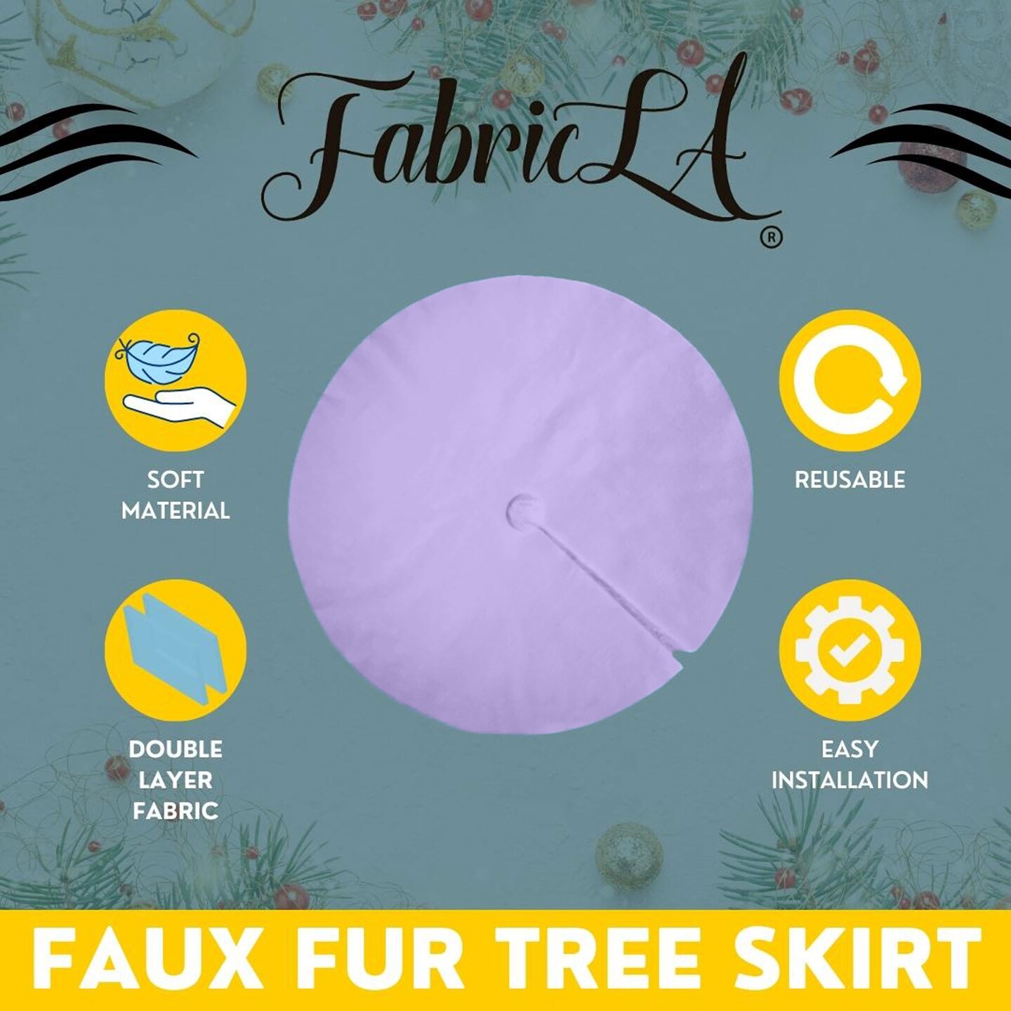 FabricLA Lavender Faux Fur Tree Skirt Cut - 36-Inches with Rounded Edges (No Backing) for Christmas