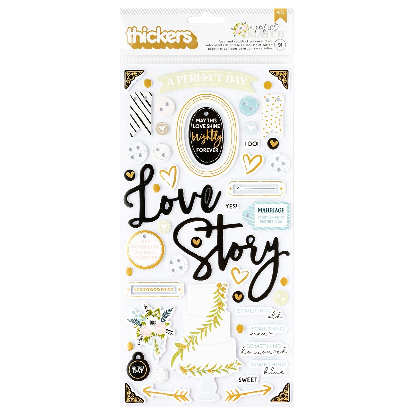 American Crafts A Perfect Match Thickers Stickers 91/Pkg-Phrase, Gold Foil