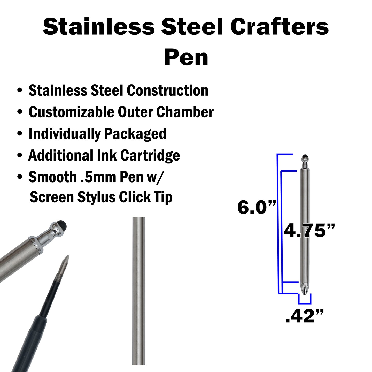 Makerflo 12 Pieces Craftable Stainless Steel Pens and Blanks for Epoxy, Vinyl, and Hydro-Dipping DIY Projects - Black Ink Gel Pens for Crafting & Gifting - Not for sublimation