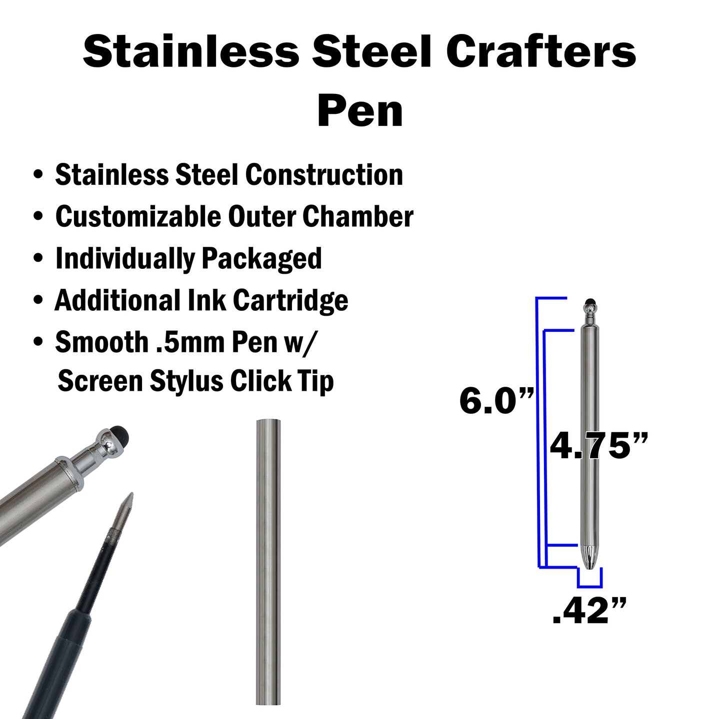 Makerflo 12 Pieces Craftable Stainless Steel Pens and Blanks for Epoxy, Vinyl, and Hydro-Dipping DIY Projects - Black Ink Gel Pens for Crafting &#x26; Gifting - Not for sublimation