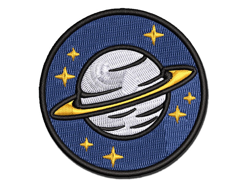 Saturn Planet with Rings and Stars Multi-Color Embroidered Iron-On or Hook &#x26; Loop Patch Applique