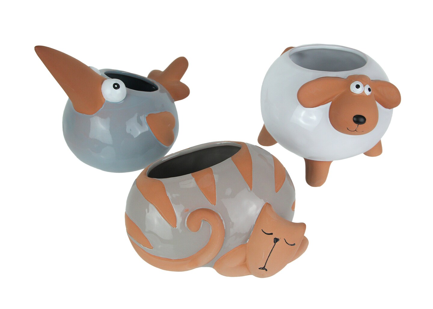 Set of 3 Ceramic Planters Glazed Hand Painted Taupe Cat Grey Bird White Sheep