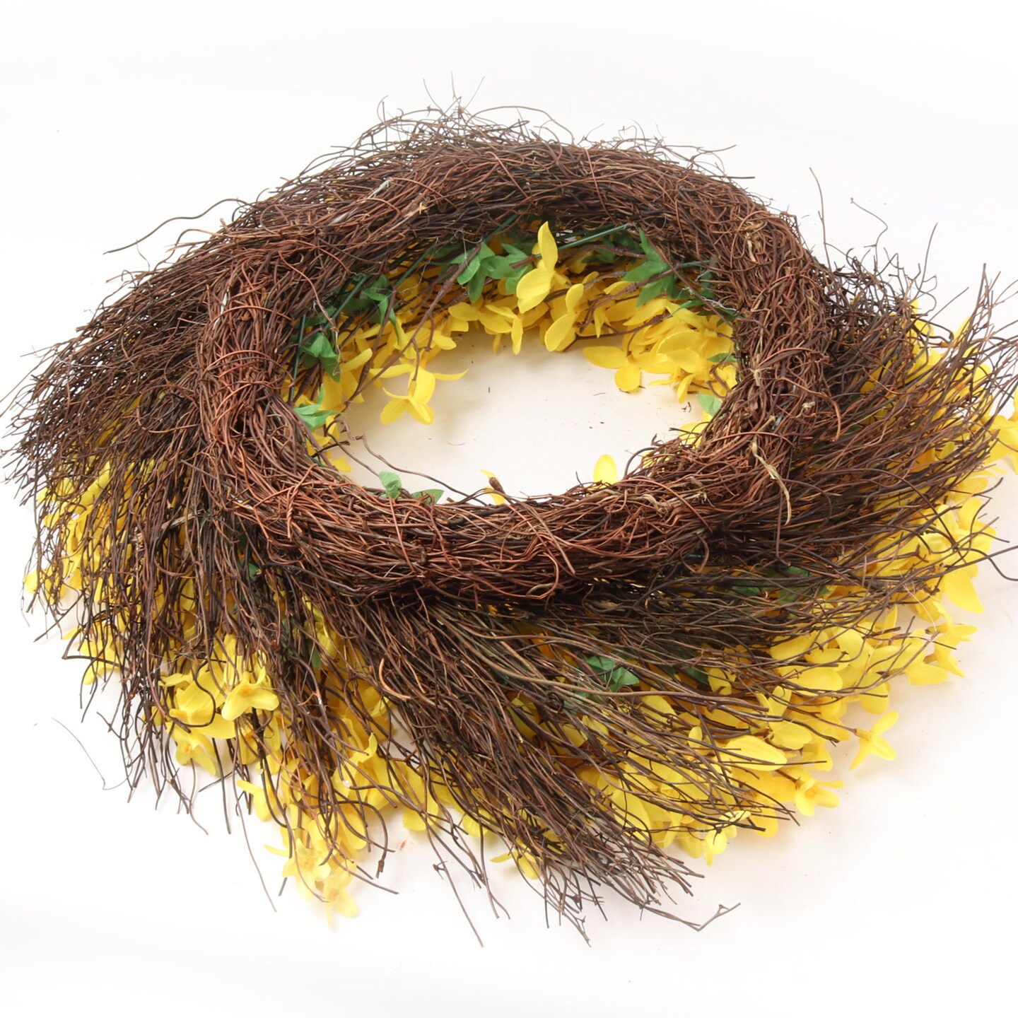 22" Sunny Yellow Forsythia Wreath with Grapevine Ring, Floral Home by Artificial Flowers