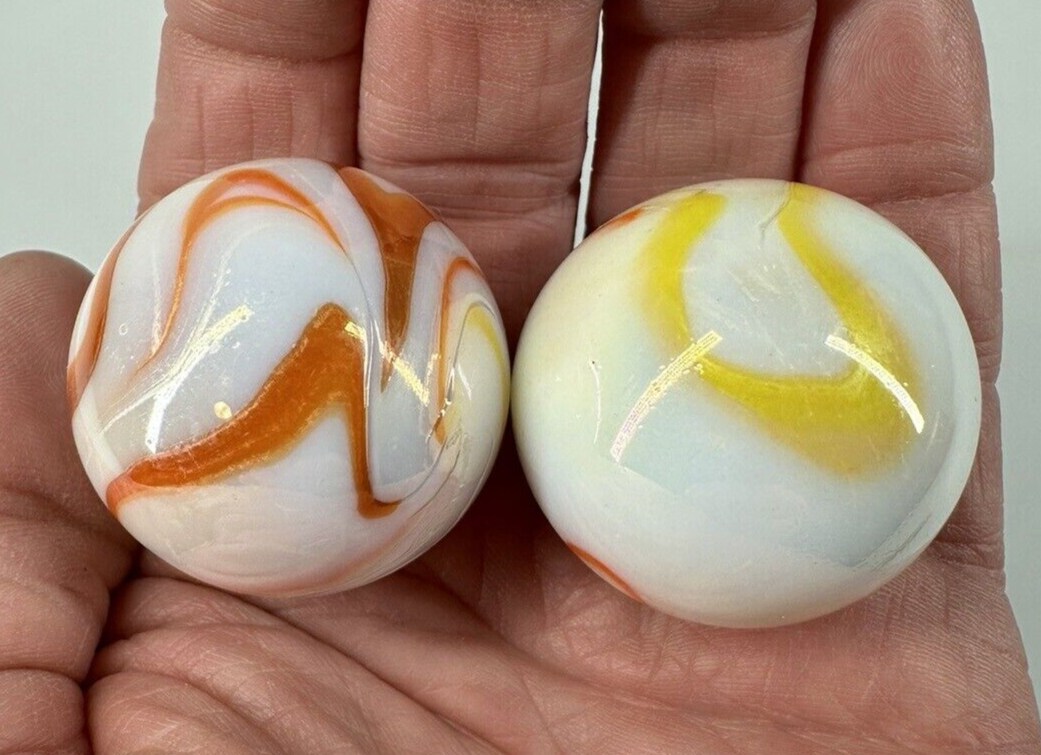 2 BOULDERS 35mm GELATO Marbles Glass White Yellow Orange Iridescent LARGE Swirl