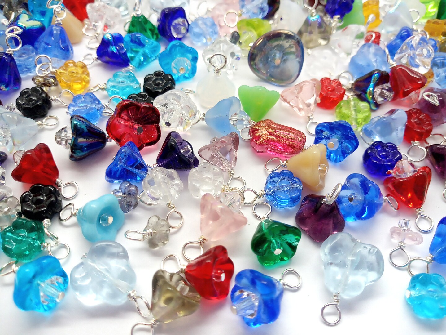 Mixed Flower Dangles, 20 pc, Glass Floral Drop Charms, Mix of Colors & Styles, Adorabilities