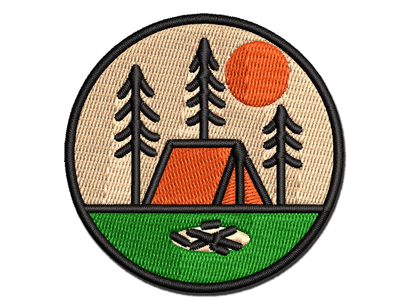 Simple Tent Camping in Woods Multi-Color Embroidered Iron-On or Hook &#x26; Loop Patch Applique