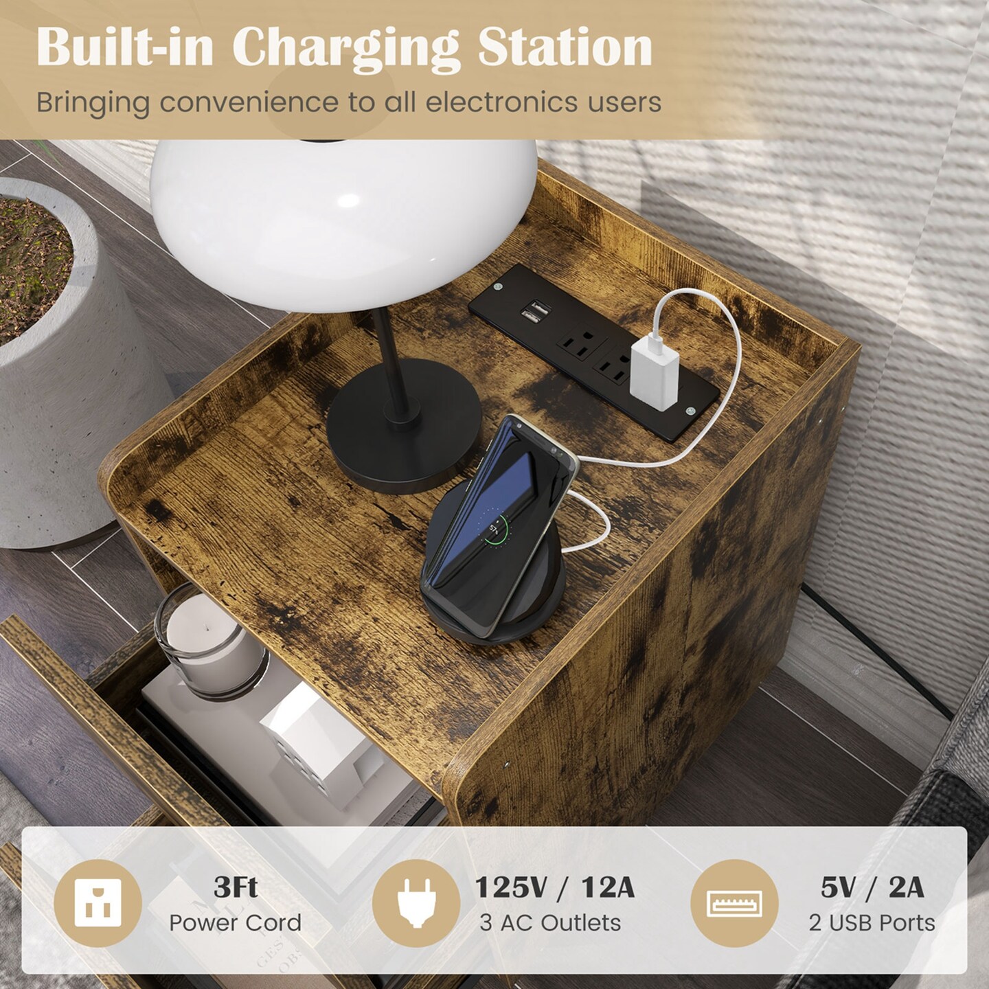 Costway Nightstand with Charging Station Home Bedside Sofa Side Tables with 2 Drawers Coffee/White/Black