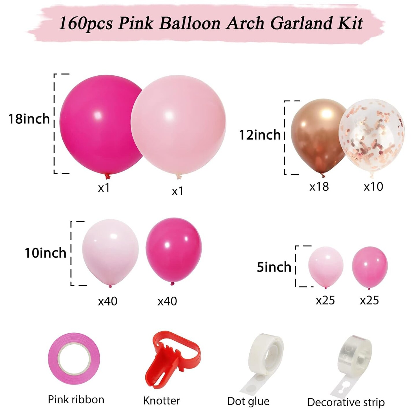 160pcs Pink Balloon Arch Garland Kit, Hot Pink Rose Gold Metallic Confetti Balloons for Birthday Baby Shower Princess Theme Party Wedding Background Decorations