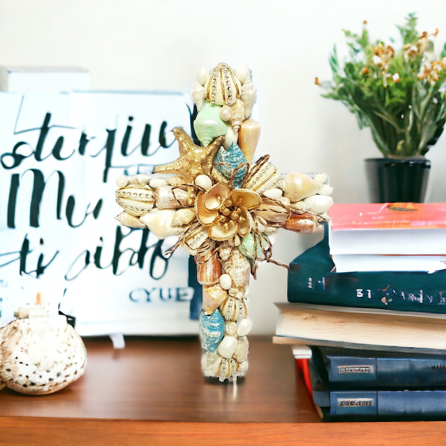 Coastal Shell Cross Wreath - Handcrafted Mother's Day Gift - Final sale / Non-returnable and Non-refundable