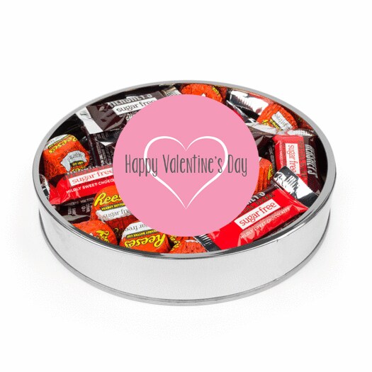 Valentine&#x27;s Day Sugar Free Chocolate Gift Tin Large Plastic Tin with Sticker and Hershey&#x27;s Candy &#x26; Reese&#x27;s Mix - Pink