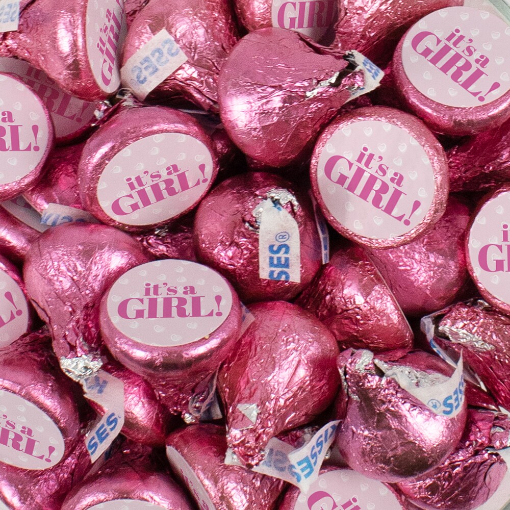Pink It&#x27;s a Girl Baby Shower Candy Party Favors (Choose 100 Pcs Milk Chocolate Hershey&#x27;s Kisses, 40 Pcs Wrapped Miniatures or Both)