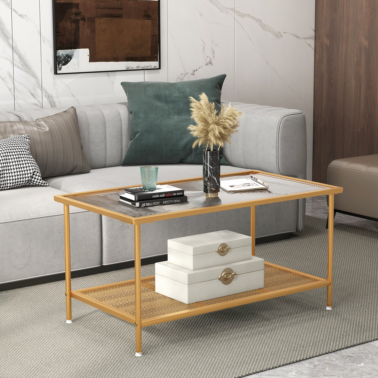 Costway 2-Tier Coffee Table with Shelf with Tempered Glass Top & Metal Frame Living Room