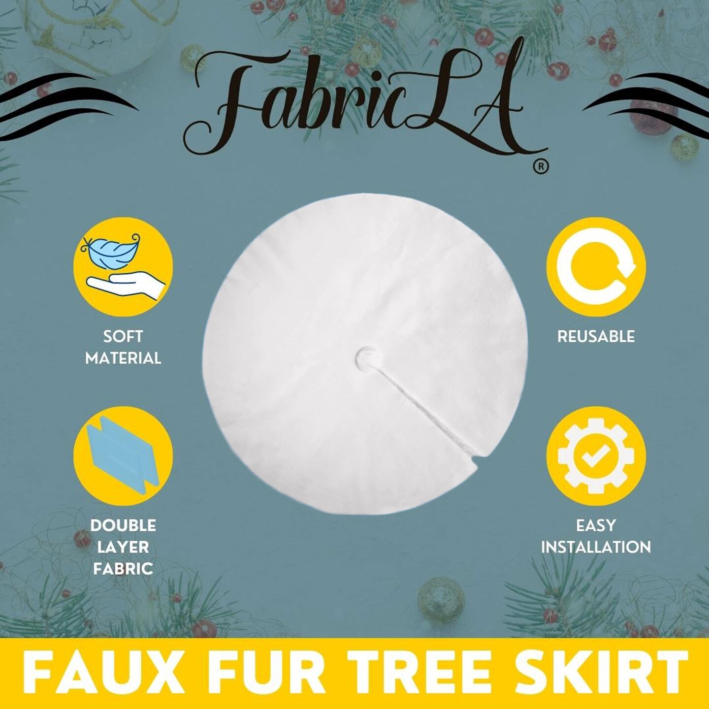 FabricLA Turquoise Faux Fur Tree Skirt Cut - 48-Inches with Rounded Edges (No Backing) for Christmas