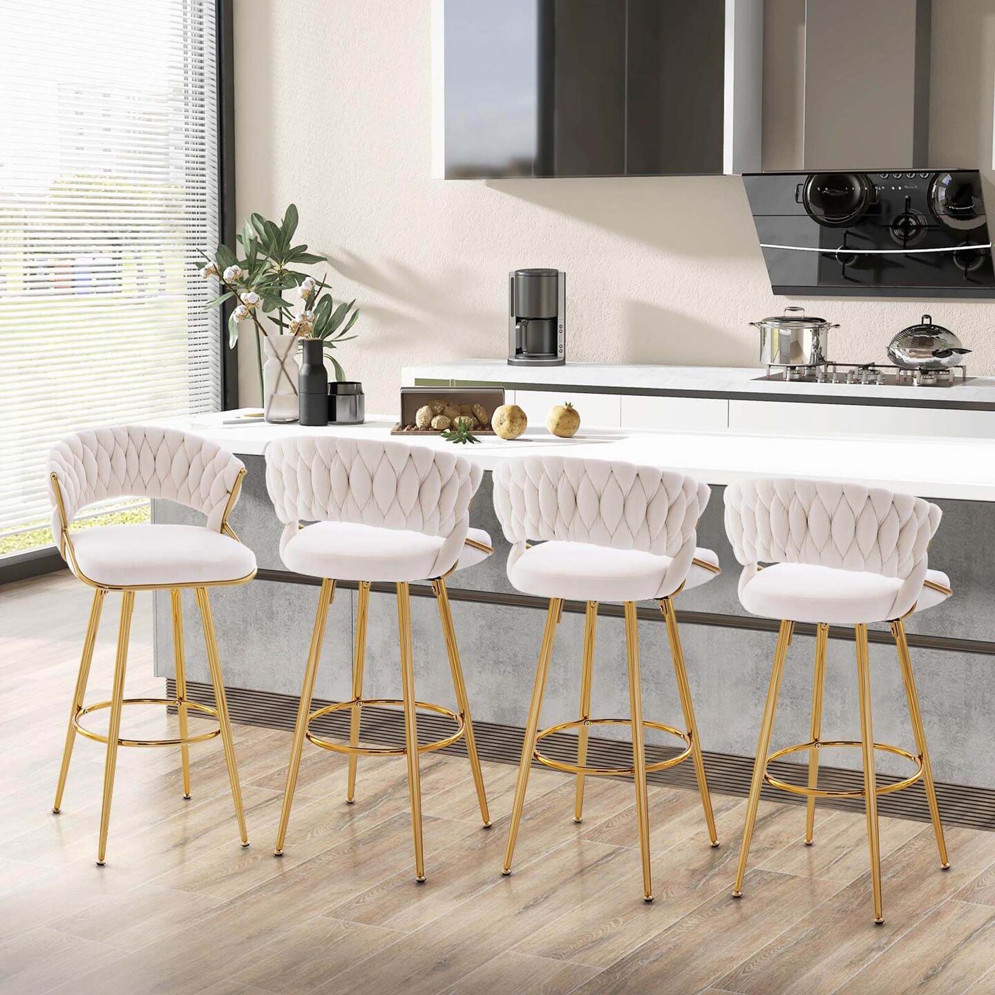 Costway 4 PCS Velvet Bar Stool 29" Bar Height Stools with Woven Backrest & Gold Metal Legs Grey/Beige