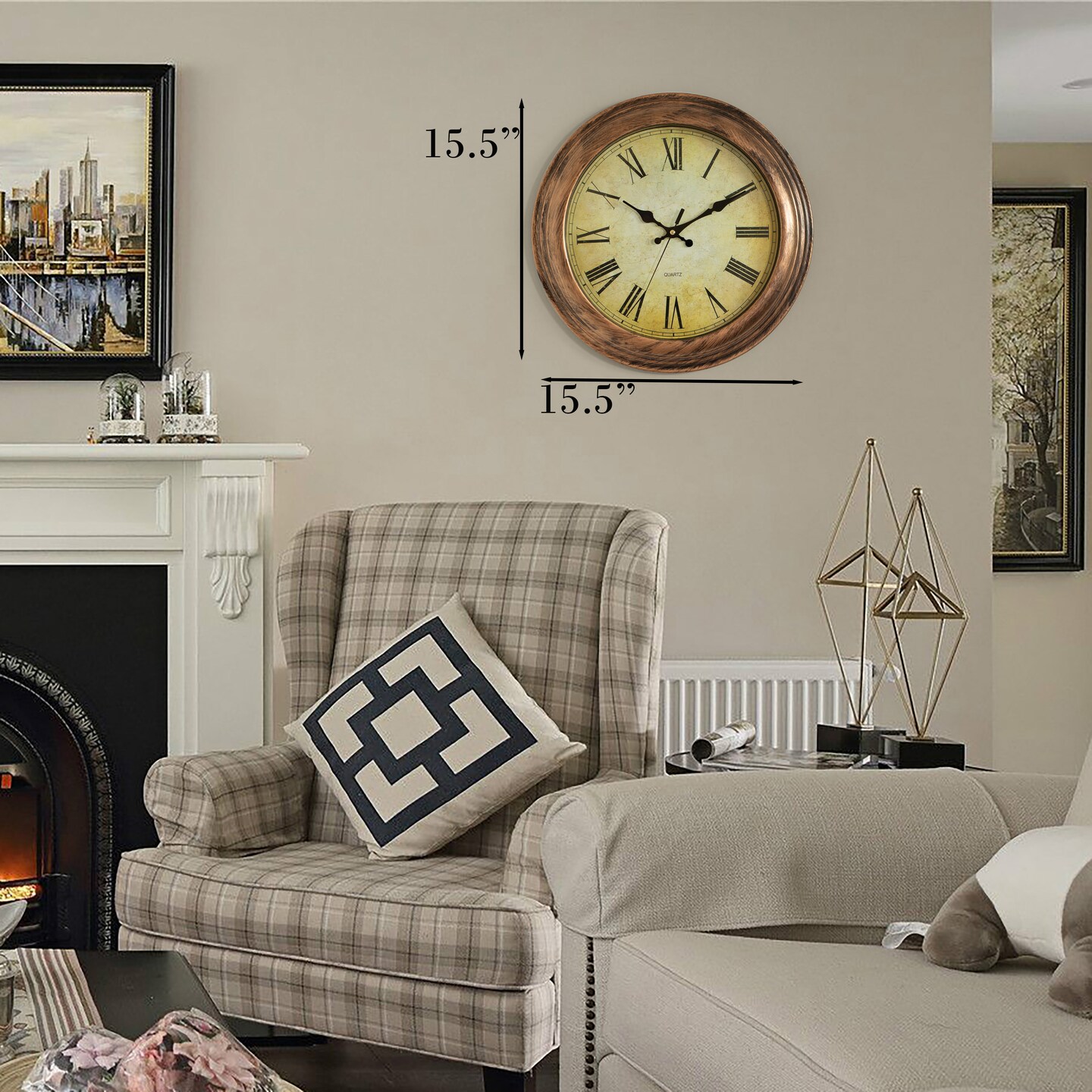 15.5 in Wall Clock for Home Kitchen Living/Dining Room Office Over Fireplace Decor, Easy to Read, Rustic Bronze, Non-Ticking, Large Roman Numerals, Battery Operated, Plastic Traditional Round Clock