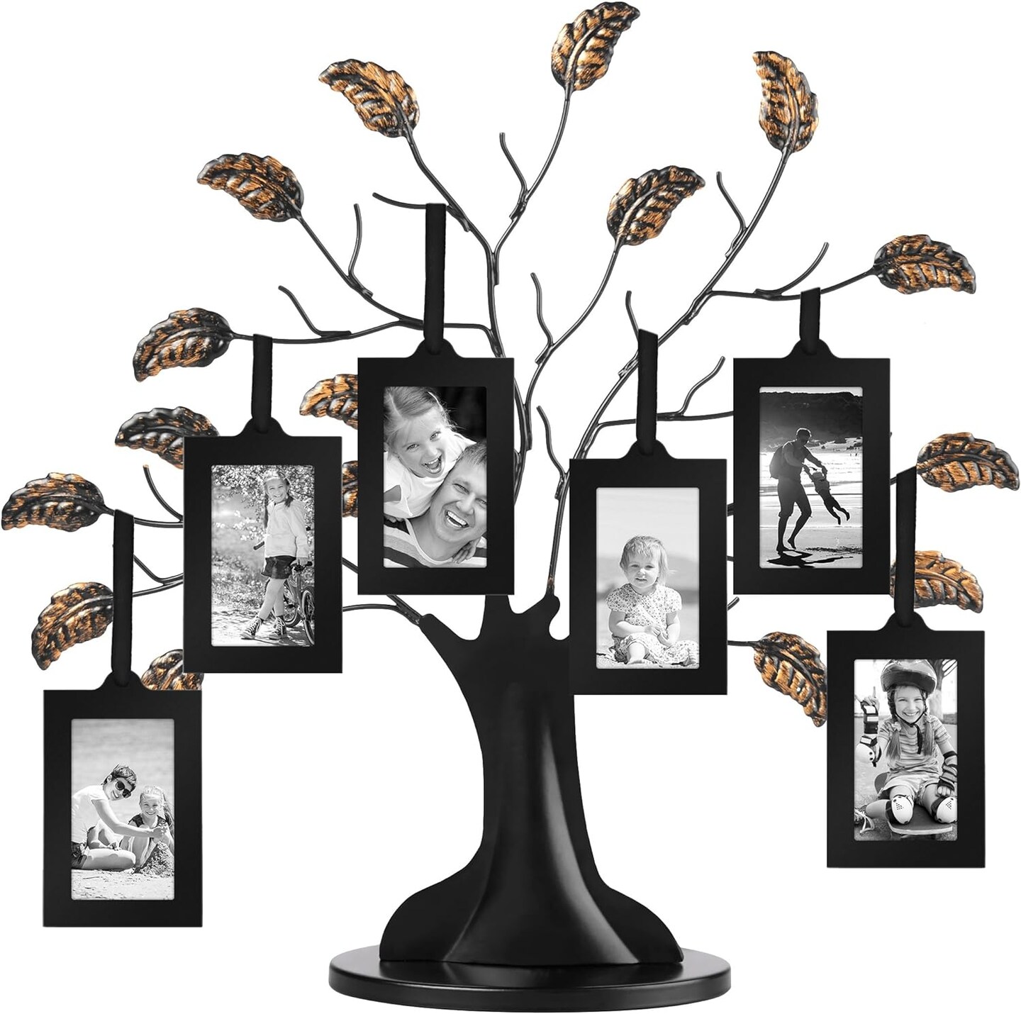Bronze Family Tree Picture Frame - Includes 6 Hanging Picture Frames in Black with 2x3 Picture Frame and Adjustable Ribbon Tassels - 12&#x22; Tall