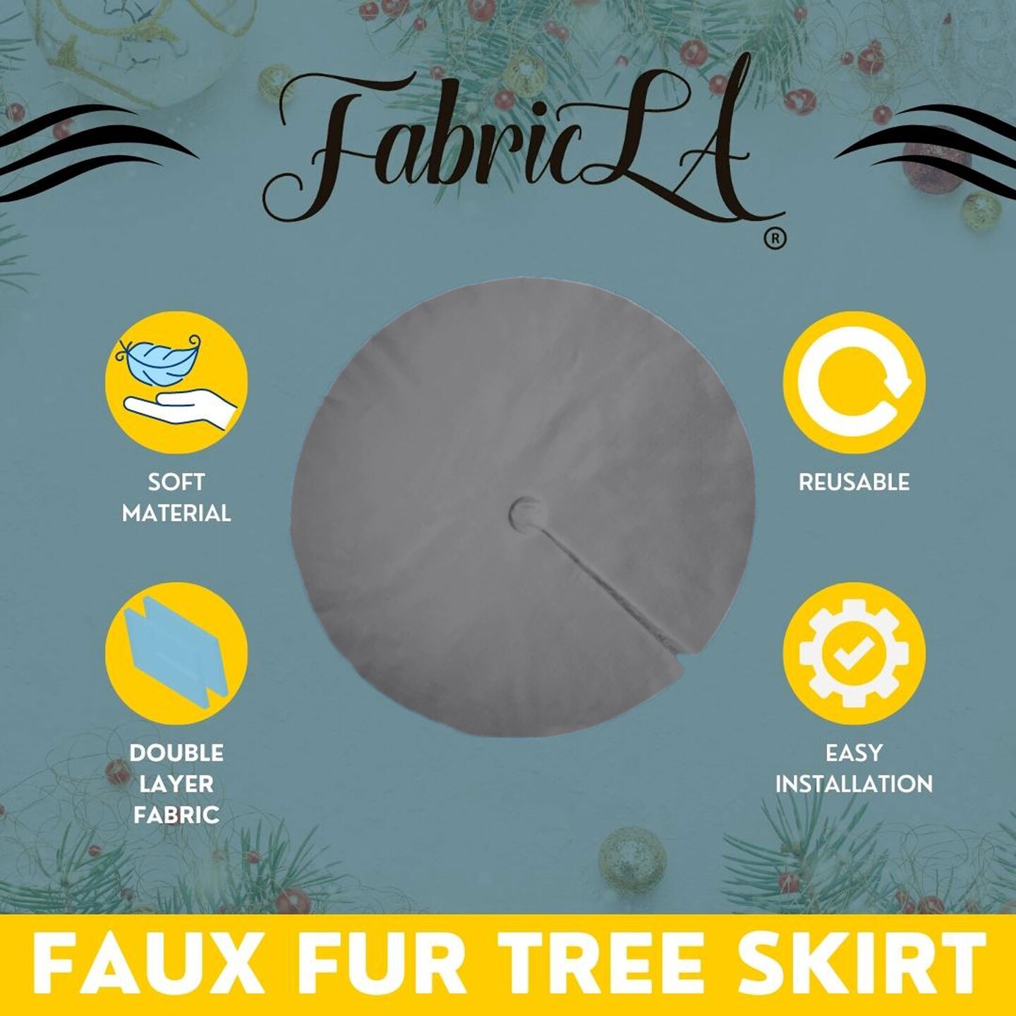 FabricLA 60&#x22; Dark Grey Faux Fur Christmas Tree Skirt - Fluffy Plush Tree Skirt (152cm) for Holiday Decorations