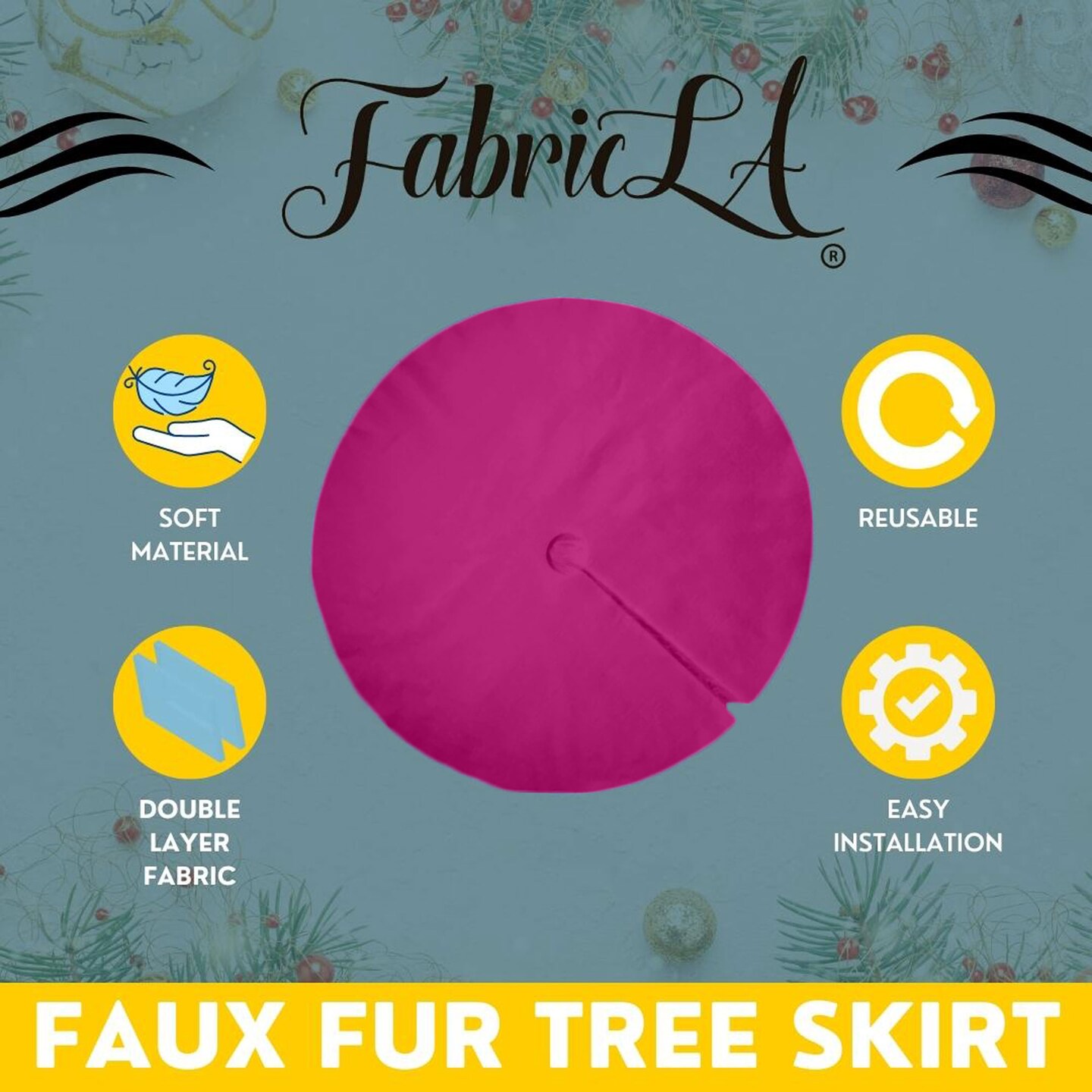FabricLA Fuchsia Faux Fur Tree Skirt Cut - 60-Inches with Rounded Edges (No Backing) for Christmas