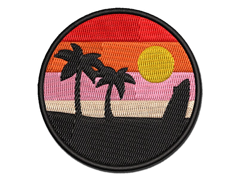 Retro Rainbow Beach Sunset Palm Trees Surfboard Multi-Color Embroidered Iron-On or Hook &#x26; Loop Patch Applique