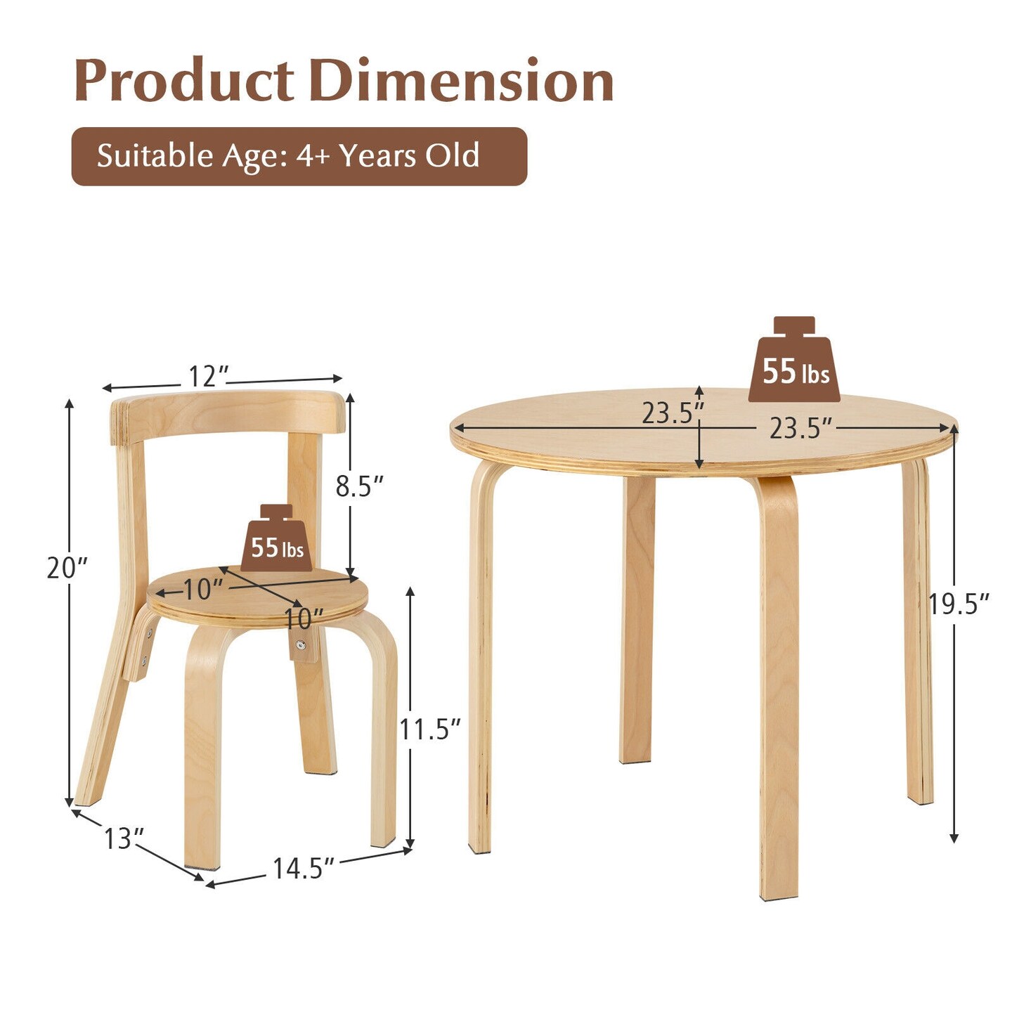 5-Piece Kids Wooden Curved Back Activity Table and Chair Set with Perfect Gift for Kids