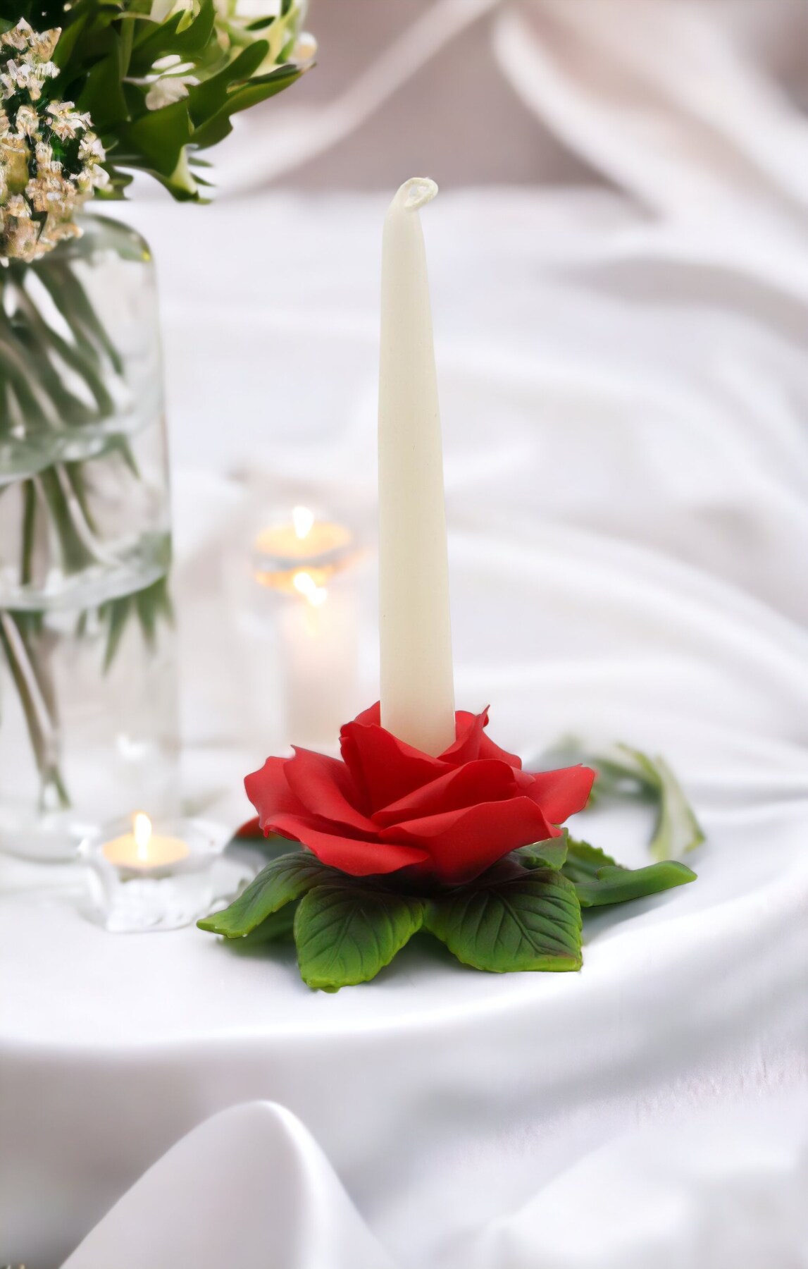 Hand Crafted Ceramic Red Rose Candle Holder-Candle NOT Included, Valentines Day Decor, Wedding D&#xE9;cor or Gift, Anniversary D&#xE9;cor or Gift
