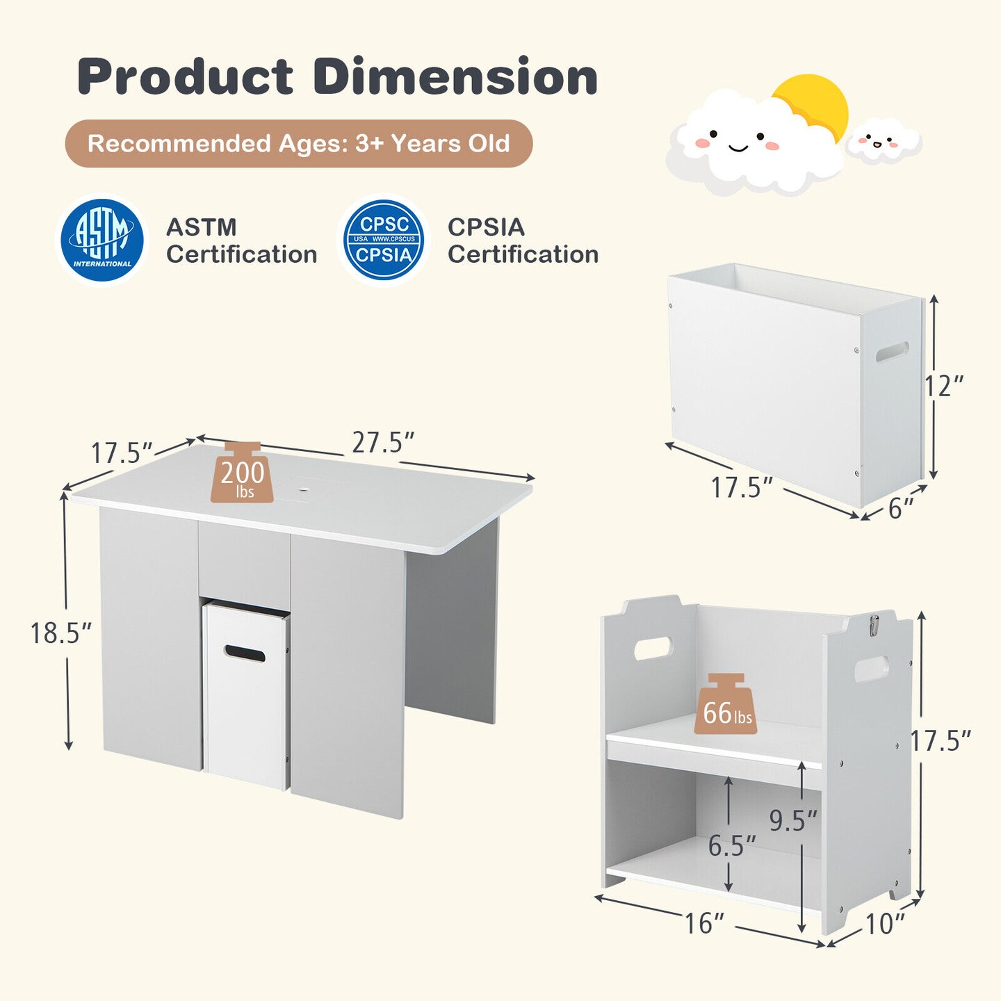 4-in-1 Kids Table and Chairs with Multiple Storage for Learning-Grey