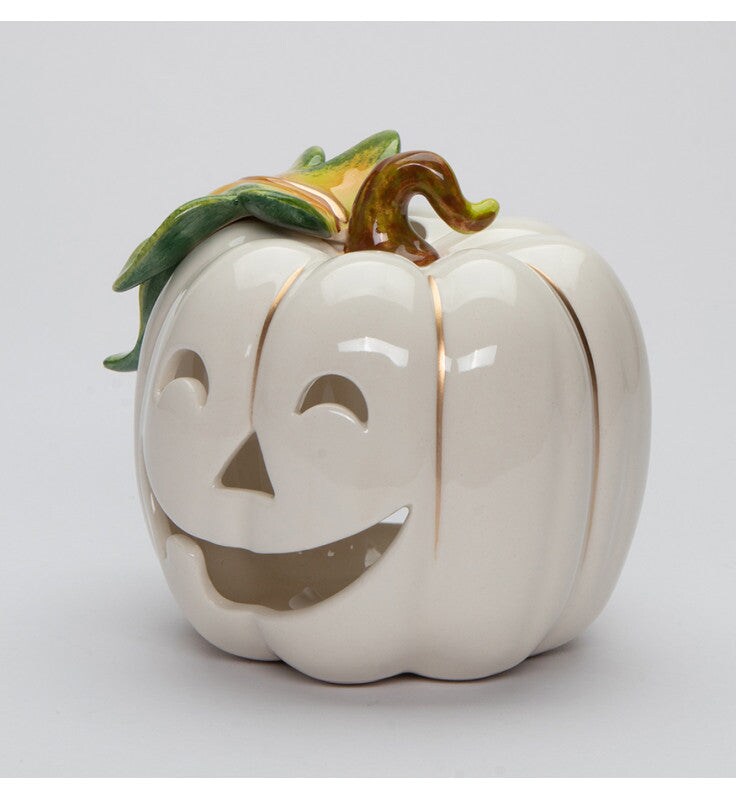 Ceramic White Pumpkin Jack-O-Lantern Tealight Candle Holder, Home D&#xE9;cor, Gift for Her, Gift for Mom, Fall D&#xE9;cor, Halloween D&#xE9;cor
